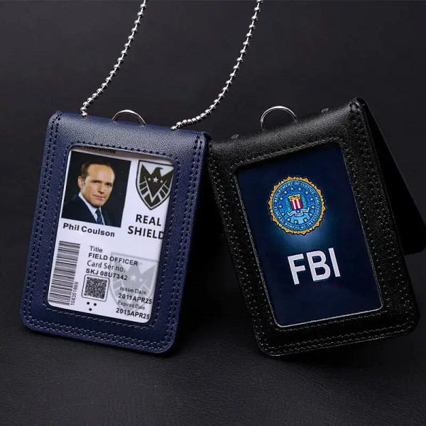 Color: wine red - Formal US Reporter Police Military Badge ID Business Work Card Holder Genuine Lea F640-12000034399516066