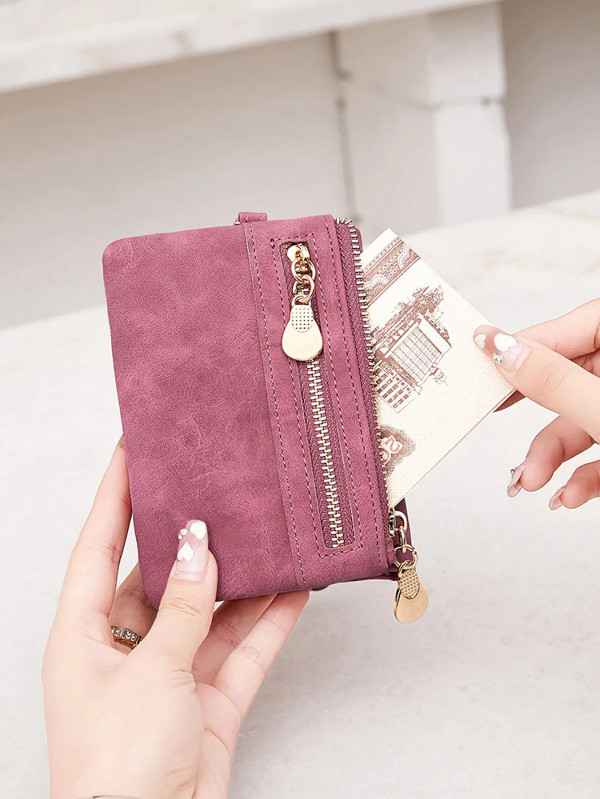Color: Ivory - Retro foldingzipper wallet high-quality PUleather portablemultifunctional women's wa F640-12000035869013130