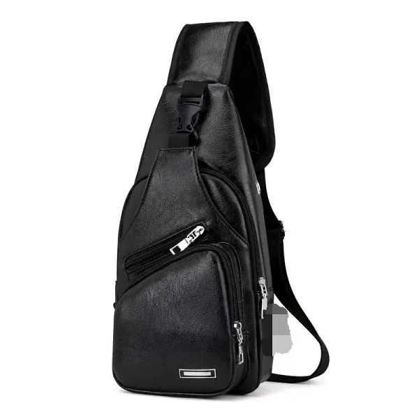 Color: black - Fashion Men Chest Bag USB Charging Leisure PU Leather Crossbody Bag For Men Single S F640-12000044342682067