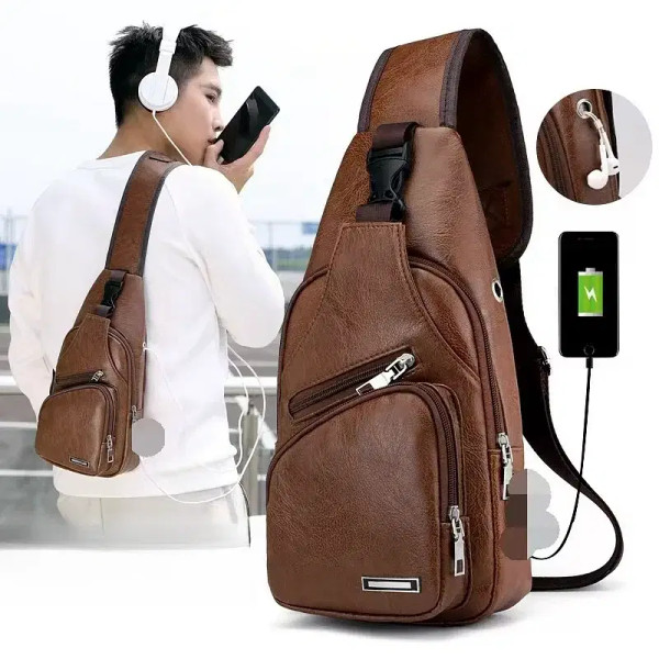 Color: black - Fashion Men Chest Bag USB Charging Leisure PU Leather Crossbody Bag For Men Single S F640-12000044342682067