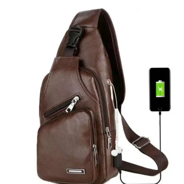 Color: black - Fashion Men Chest Bag USB Charging Leisure PU Leather Crossbody Bag For Men Single S F640-12000044342682067