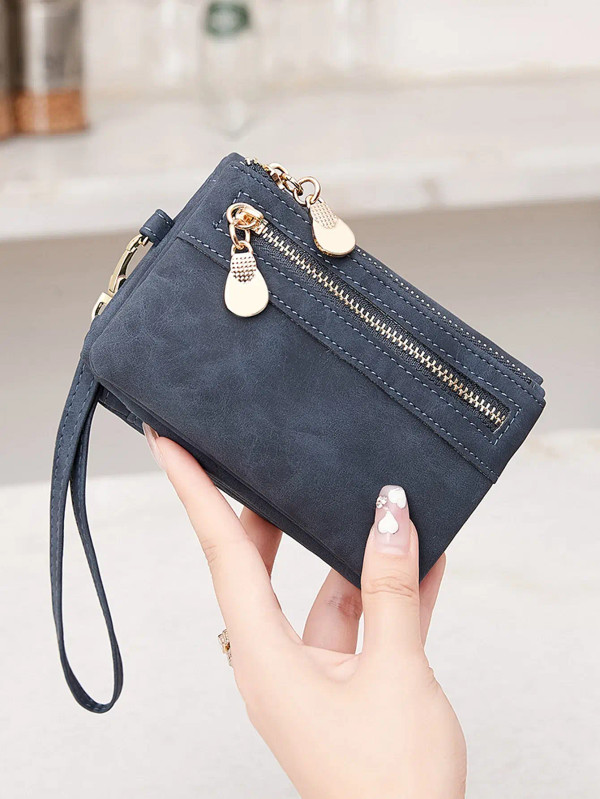 Color: DEEP BLUE - Retro foldingzipper wallet high-quality PUleather portablemultifunctional women' F640-12000035869013125