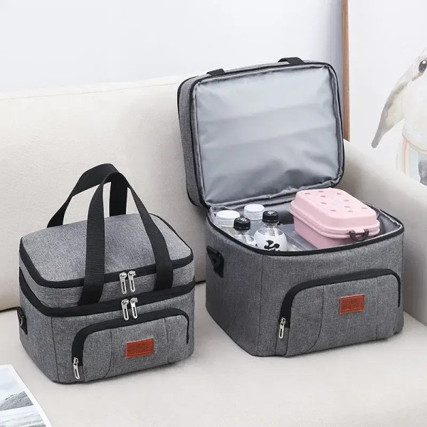 Color: black - Double Layer Lunchbox Storage Thermal Bag Large Capacity Tote Shoulder Food Drink In F640-12000038721585201