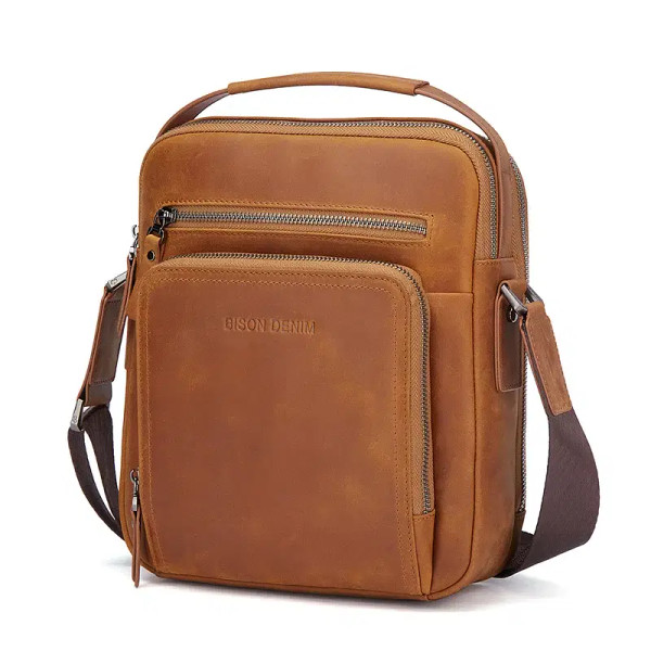 Color: green, Ships From: CN - BISON DENIM Classic Black Male Bag Genuine Leather Business Crossbod F640-12000032851433012