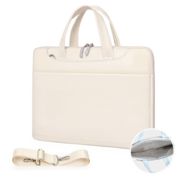 Color: Shoulder strap cream white, Size: 14inches - Leather Large Capacity Laptop Case Q119-CJNS173955302BY