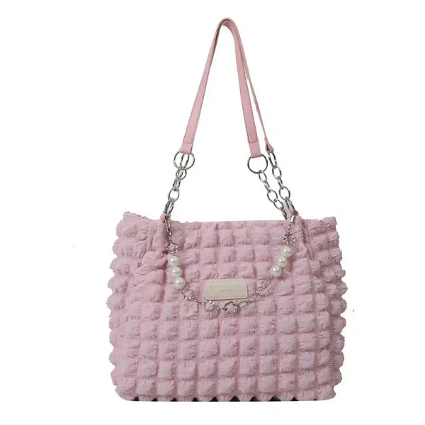 Color: Blue - Large Capacity Ladies Tote Bag Fashion Plaid Women's Beaded Chain Shoulder Bags Soft  F640-12000037995329606