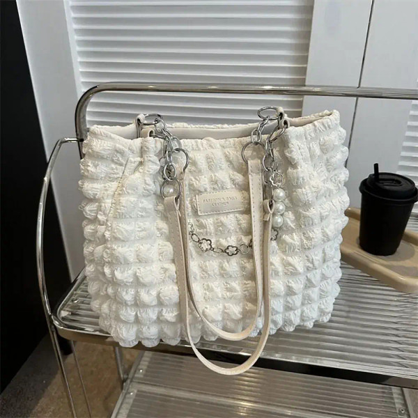 Color: Blue - Large Capacity Ladies Tote Bag Fashion Plaid Women's Beaded Chain Shoulder Bags Soft  F640-12000037995329606