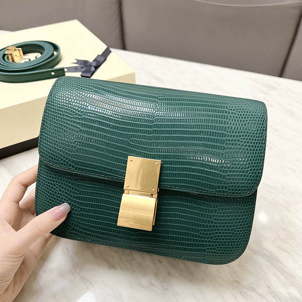 Color: Small Size Dark Green - Square Bag Women's Messenger Lizard Pattern Cowhide Box Q119-CJNS199252007GT