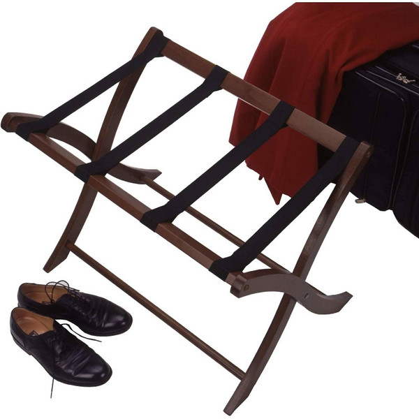 Solid Wood Folding Luggage Rack in Medium Brown Finish with Black Nylon Straps Q280-BRWLRS286371597