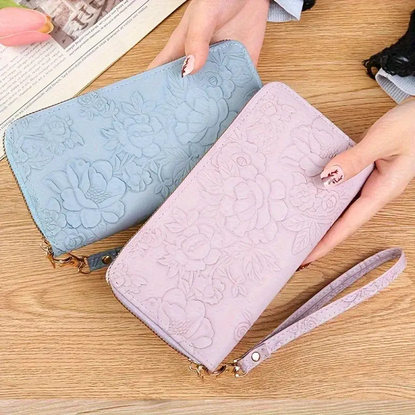 Color: Beige - Floral Embossed Long Wallet, PU Leather Credit Card Holder, Simple Trendy Phone Coin F640-12000038387312857