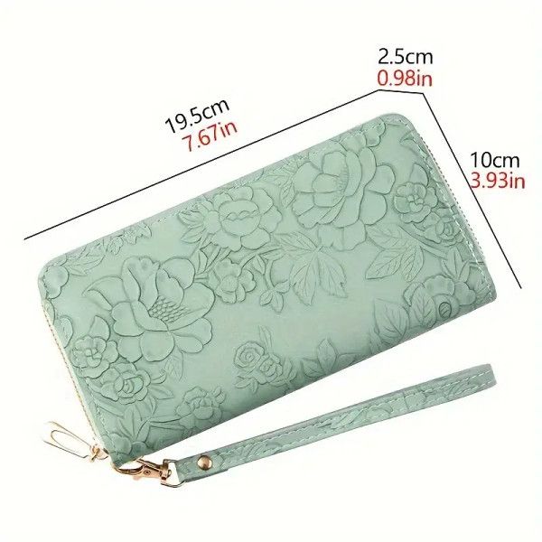 Color: Beige - Floral Embossed Long Wallet, PU Leather Credit Card Holder, Simple Trendy Phone Coin F640-12000038387312857