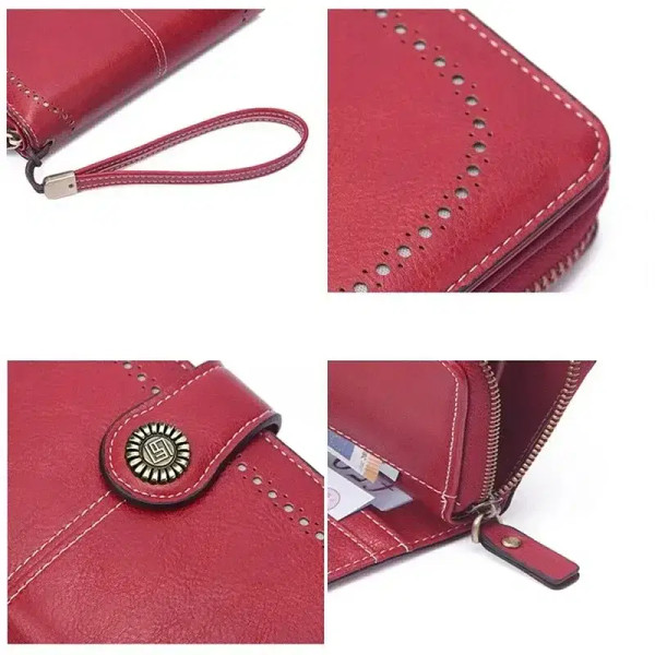 Color: Black - New Retro Long Purse Vintage Solid Color Oil Wax Hollowed Out Wallet Multifunction L F640-12000038817288979