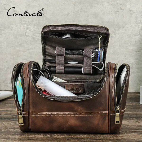 CONTACT'S Genuine Leather Cosmetic Bag for Men Travel Toiletries Bags Designer Top-handle Makup Was F640-3256806161252807