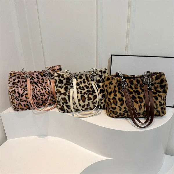 Color: Blue - National Style Simple Women Leopard Tote Bag Lady Luxury Fluffy Shoulder Bag Chain La F640-12000042746919216