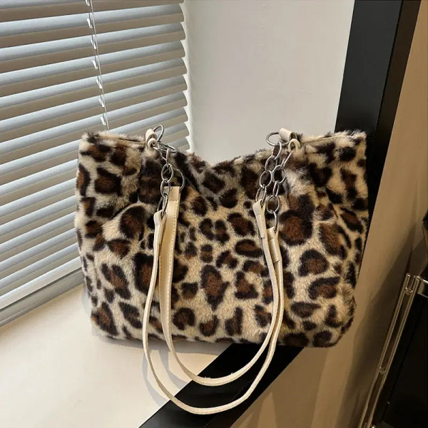 Color: Blue - National Style Simple Women Leopard Tote Bag Lady Luxury Fluffy Shoulder Bag Chain La F640-12000042746919216