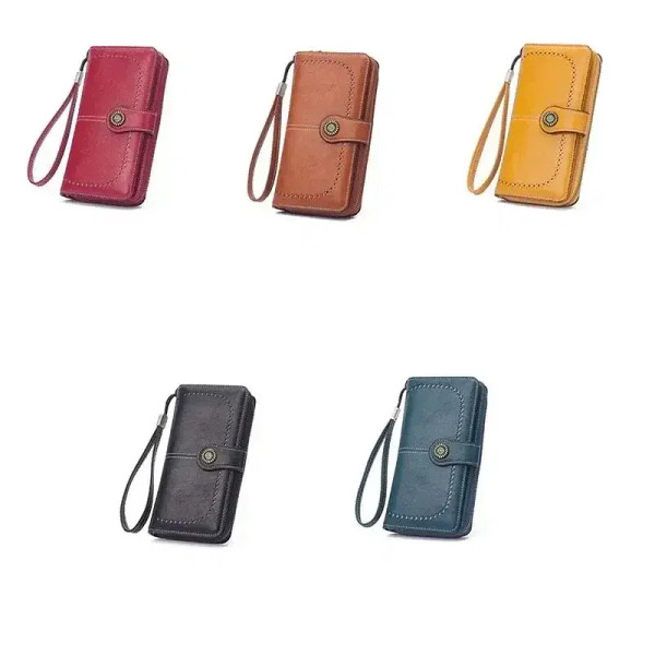 Color: Orange - New Retro Long Purse Vintage Solid Color Oil Wax Hollowed Out Wallet Multifunction  F640-12000038838833032