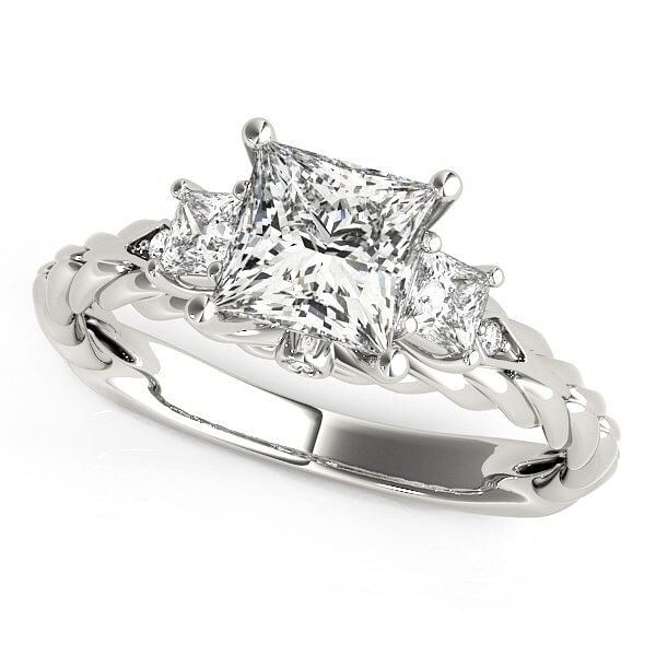 Size: 7 - 14k White Gold Princess Cut 3 Stone Antique Style Diamond Ring (1 1/8 cttw) P150-45464-7