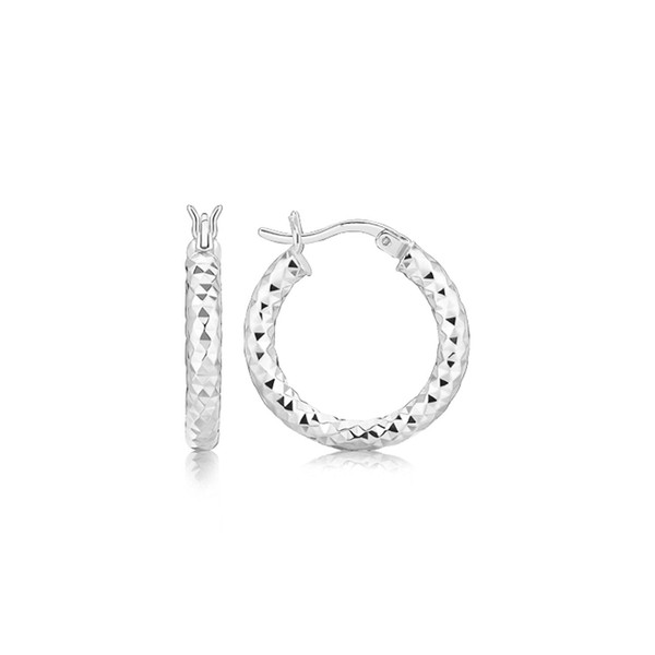 Sterling Silver Polished Rhodium Plated Faceted Hoop Style Earrings(3x15mm) P150-62426