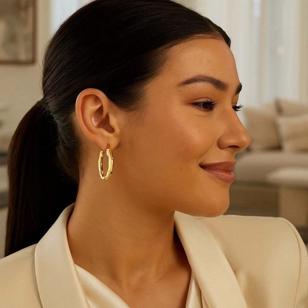 14k Yellow Gold Medium Bamboo Hoop Earrings P150-67642