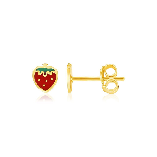 14k Yellow Gold Enameled Strawberry Childrens Earrings P150-87238