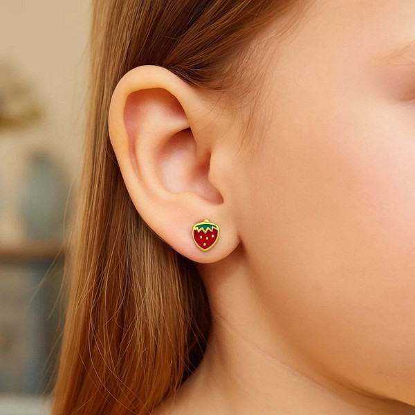 14k Yellow Gold Enameled Strawberry Childrens Earrings P150-87238