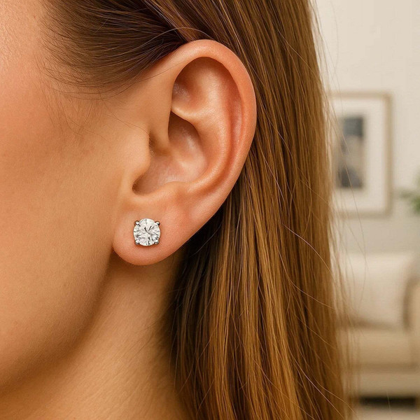 14k White Gold Stud Earrings with White Hue Faceted Cubic Zirconia(6mm) P150-2406