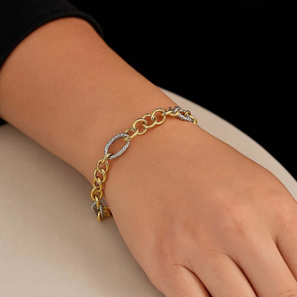 Size: 7.25'' - 14k Two-Tone Gold Rope Motif Oval and Round Link Chain Bracelet P150-64095-7.25