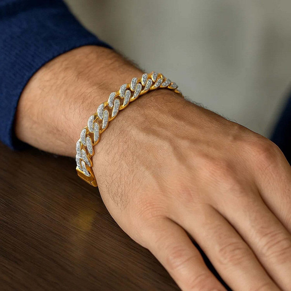 Size: 8.5'' - 14k Two Tone Gold 8 1/2 inch Curb Chain Bracelet with White Pave P150-27608-8.5