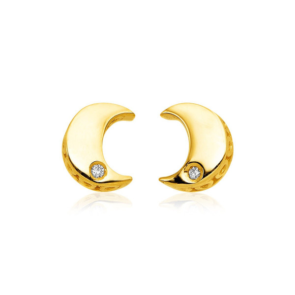 14k Yellow Gold Polished Moon Earrings with Diamonds P150-33669