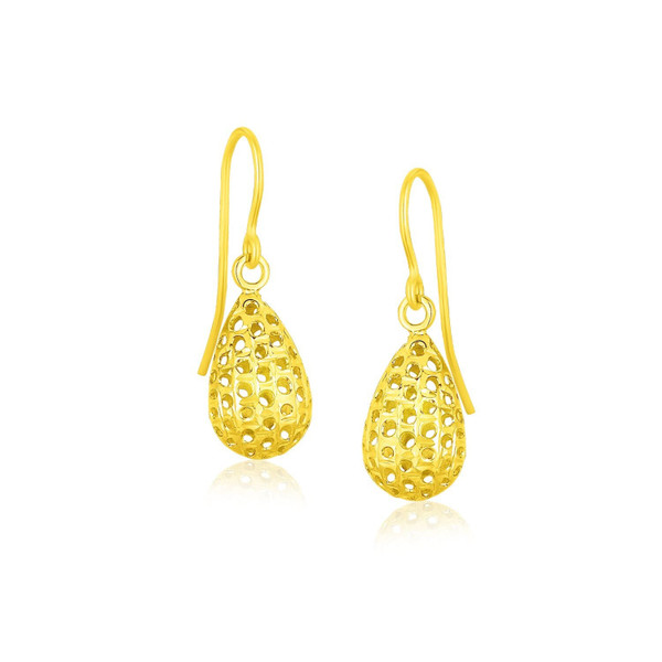 14k Yellow Gold Teardrop Drop Earrings with Honeycomb Texture P150-76763