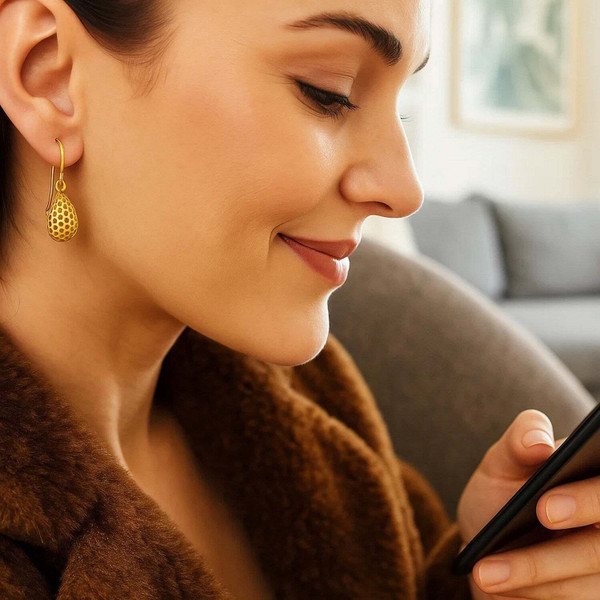 14k Yellow Gold Teardrop Drop Earrings with Honeycomb Texture P150-76763