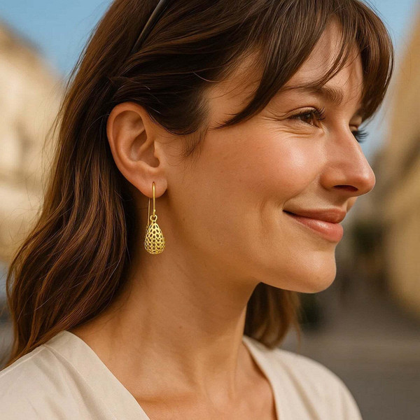 14k Yellow Gold Teardrop Drop Earrings with Honeycomb Texture P150-76763