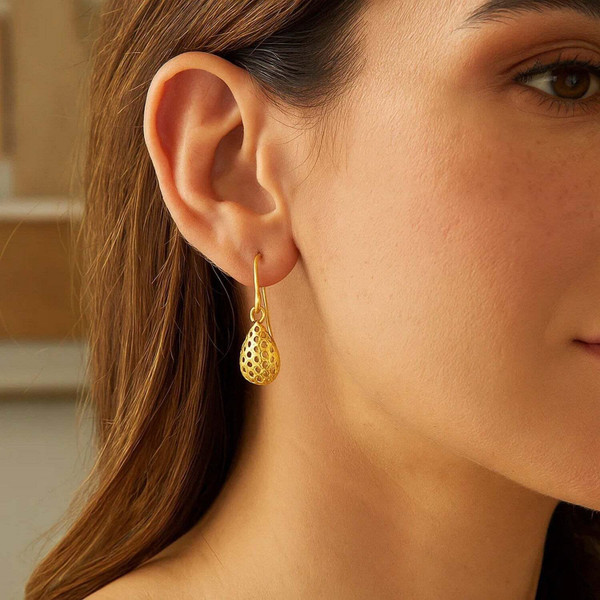 14k Yellow Gold Teardrop Drop Earrings with Honeycomb Texture P150-76763