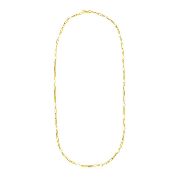Size: 24'' - 14k Yellow Gold Paperclip Chain and Pearl Necklace P150-84563-24