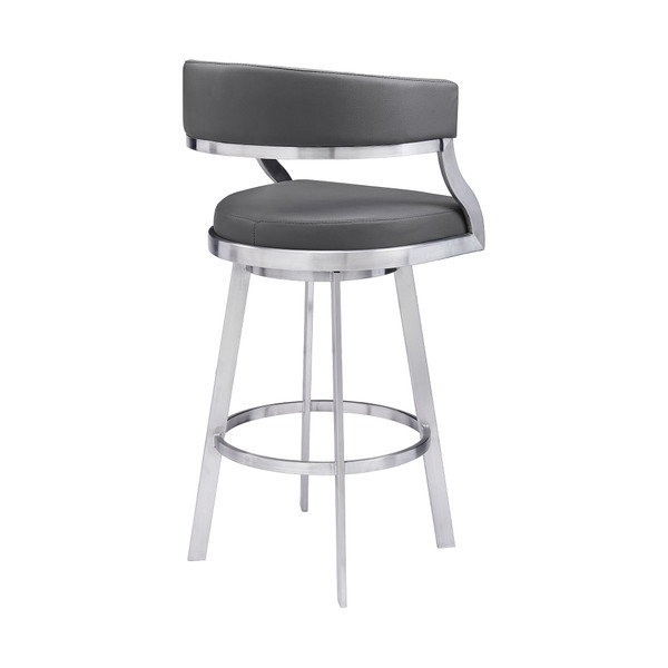 30" Gray And Silver Faux Leather And Iron Swivel Low Back Bar Height Bar Chair N270-477143