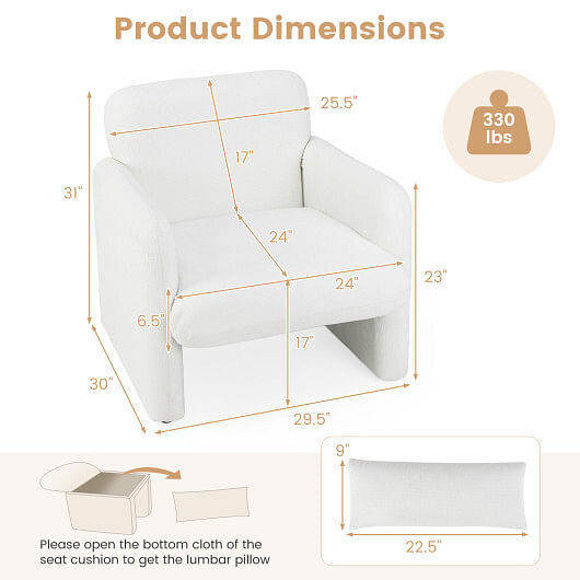 Modern Upholstered Chenille Accent Chair with Removable Lumbar Pillow-White - Color: White D681-HV10666WH
