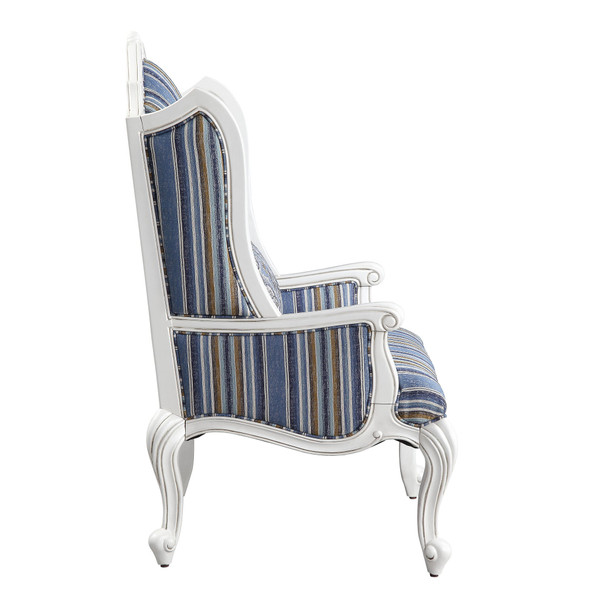 31" Blue White And Brown Fabric And White Striped Wingback Chair N270-491130