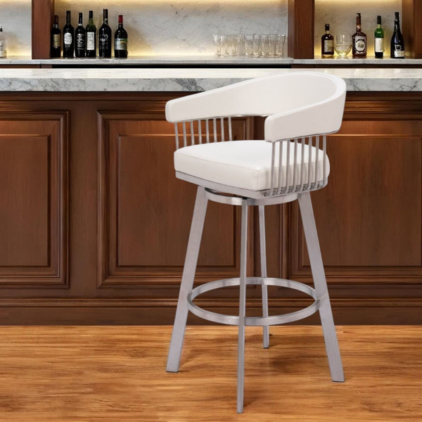 31" White And Silver Faux Leather And Stainless Steel Bar Height Swivel Bar Chair N270-555768
