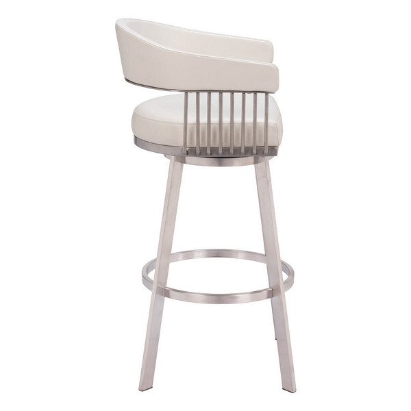 31" White And Silver Faux Leather And Stainless Steel Bar Height Swivel Bar Chair N270-555768