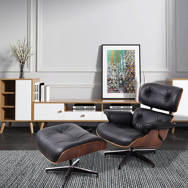 35" Black Tufted Leather And Brown Swivel Lounge Chair with Ottoman N270-526376