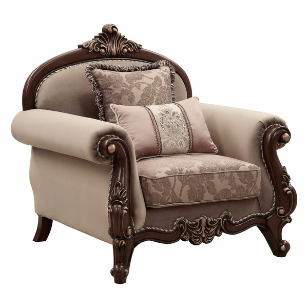 38" Beige And Brown Velvet Floral Arm Chair N270-347247