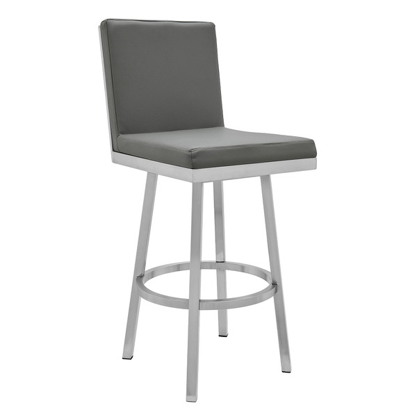30" Gray And Silver Faux Leather And Iron Swivel Bar Height Bar Chair N270-476716