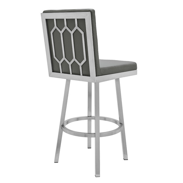 30" Gray And Silver Faux Leather And Iron Swivel Bar Height Bar Chair N270-476716