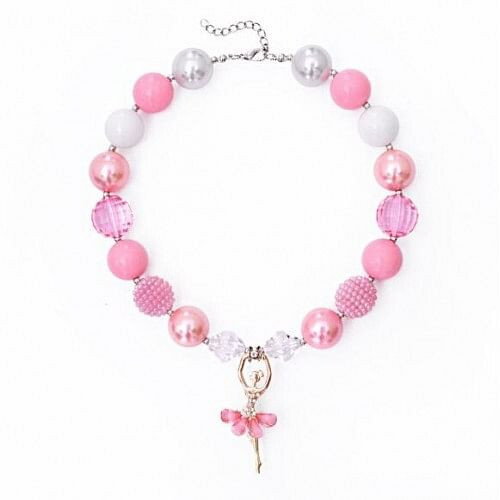 Ballet Dancer Pendant Pink Beads Baby Girl Necklace A392-bbj121