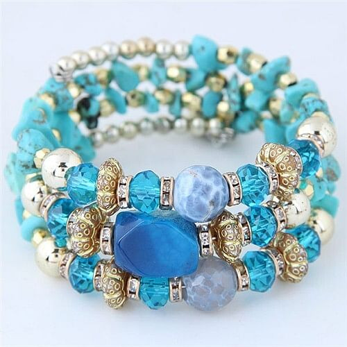 Bohemian Fashion Crystal and Artificial Turquoise Mixed Design Triple Layers Fashion Bracelet - Blue A392-fabr1852