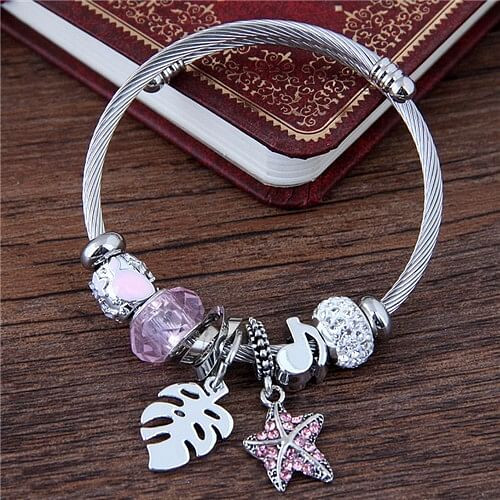 Leaf and Starfish Pendants Multiple Elements Beads Fashion Bangle - Pink A392-fabr1951