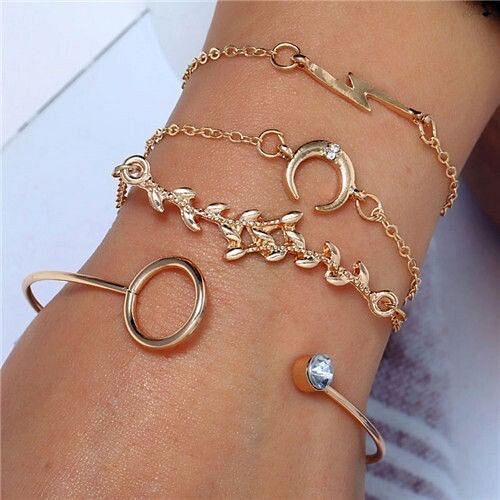 Flash Lightning Moon and Twig Four Pieces Golden Bracelet Combo Set A392-fabr2216