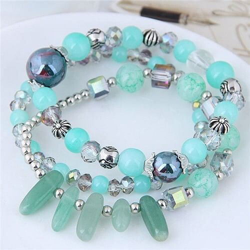 Crystal Ball and Seashell Combo Triple Layers High Fashion Bracelet - Green A392-fabr2227