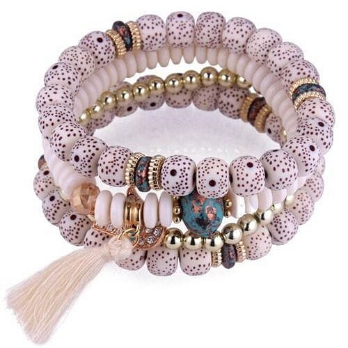 Vintage Spots Beads Triple Layers with Cotton Thread Tassel Women Fashion Bracelet - White A392-fabr2240