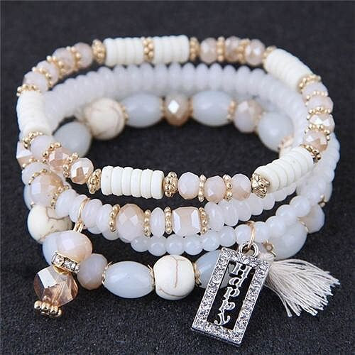 Word Happy Pendant with Cotton Threads Tassel Multiple Layers Beads Fashion Bracelet - White A392-fabr2283